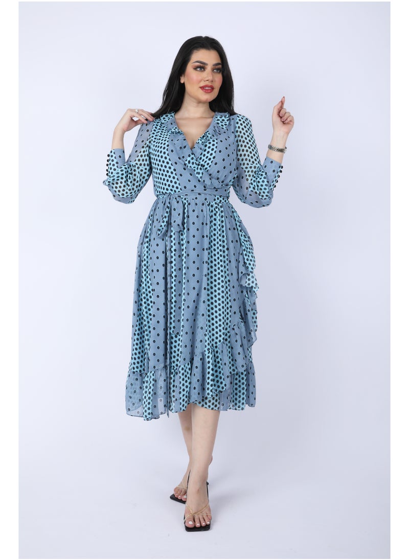 FULL JOY Dot chiffon midi wrap dress with long sleeves and a belt on waist, Cyan  - Image 1