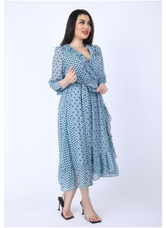FULL JOY Dot chiffon midi wrap dress with long sleeves and a belt on waist, Cyan  - Image 4