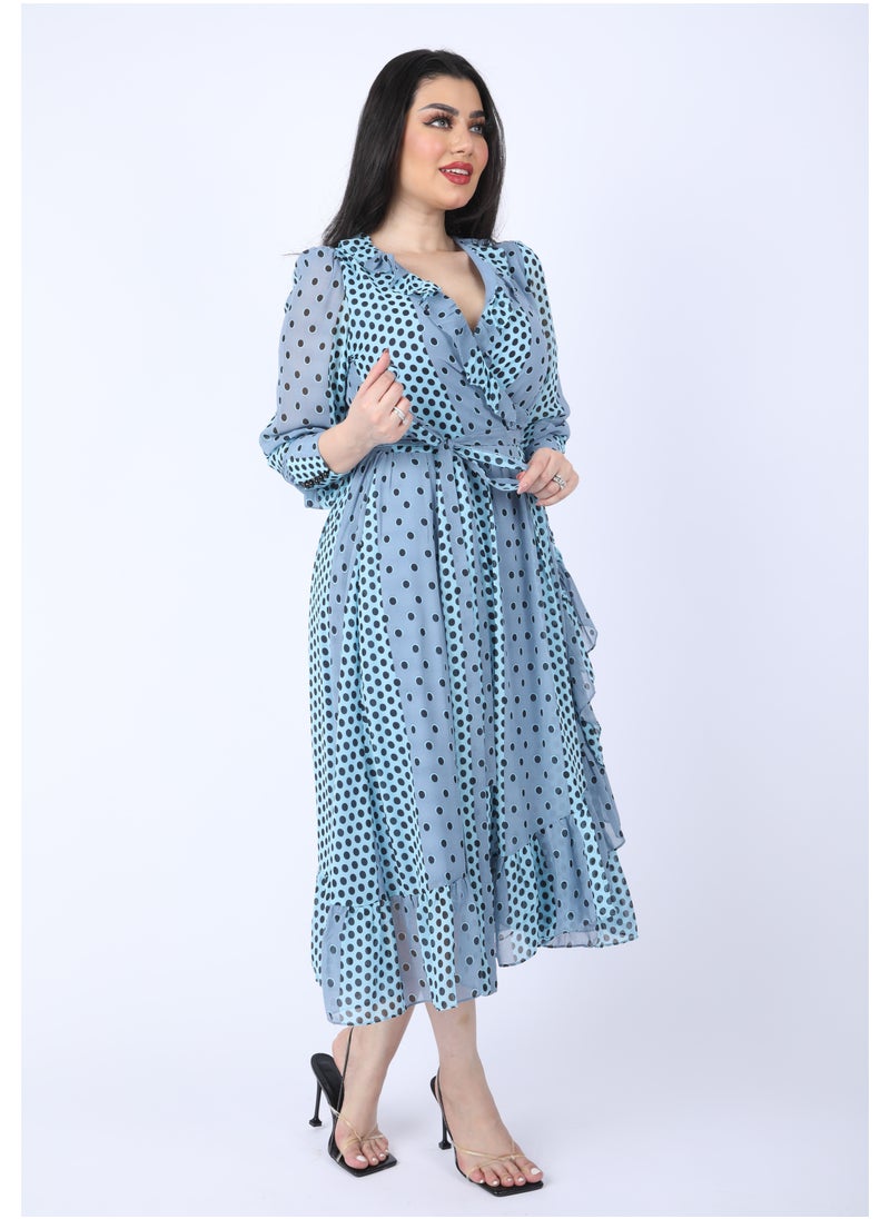 FULL JOY Dot chiffon midi wrap dress with long sleeves and a belt on waist, Cyan  - Image 4