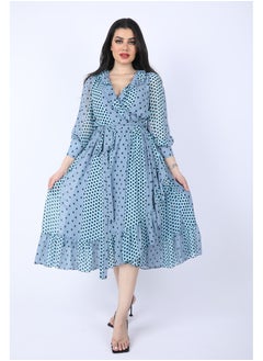 FULL JOY Dot chiffon midi wrap dress with long sleeves and a belt on waist, Cyan  - Image 2