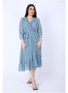 FULL JOY Dot chiffon midi wrap dress with long sleeves and a belt on waist, Cyan  - Image 3