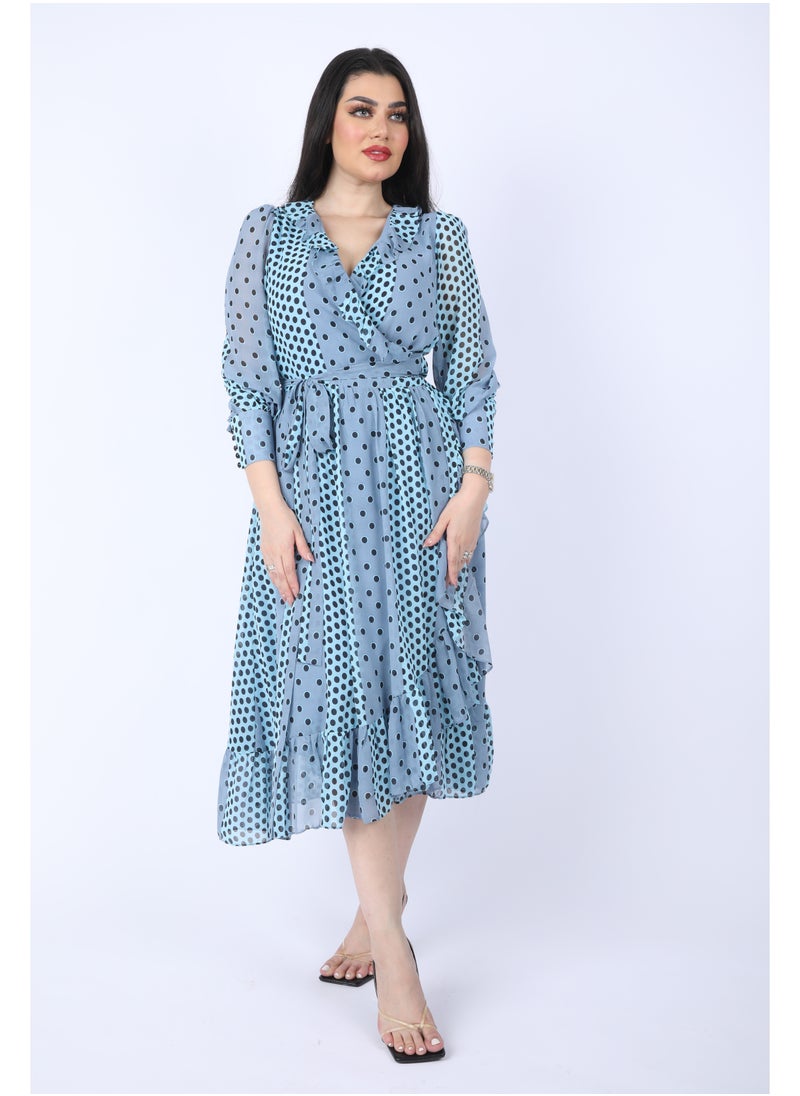 FULL JOY Dot chiffon midi wrap dress with long sleeves and a belt on waist, Cyan  - Image 3
