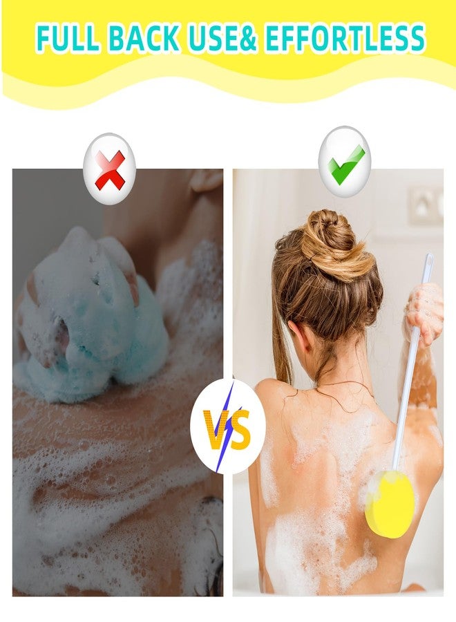 Uiifan 4 Pcs Long Handle Bath Sponge Yellow Back Sponge on a Stick Round and 8 Shape Back Washer for Shower White Handle Butt Scrubber Bathing Brush for Foot Body Cleaning Bathing Limited Motion - Image 4