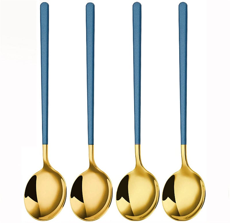 KPNG Teaspoons Set of 8, Dessert Spoons 8",Golden Stainless Steel Spoon for Coffee, Chocolate, Cake, Ice Cream, Espresso, Afternoon Hot Tea Party, Silverware Flatware Teaspoon Sets (Pack of-8, Blue) - Image 1