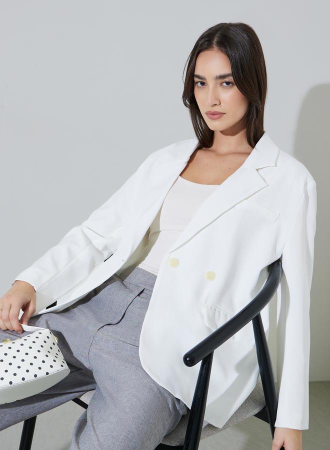 Styli White Solid Double-Breasted Loose Fit Blazer - Image 1