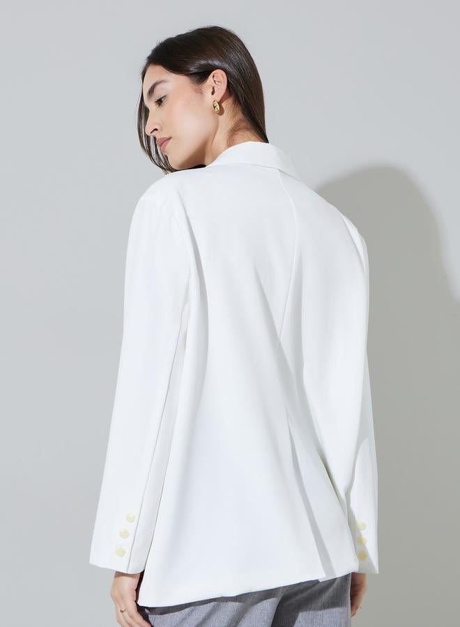 Styli White Solid Double-Breasted Loose Fit Blazer - Image 4