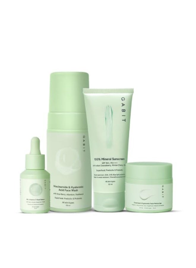 GABIT Skincare Gamechangers Kit | With Niacinamide & Hyaluronic Face Wash, 8% Vitamin C & Arbutin Serum, Ceramide & Hyaluronic Moisturizer, 100% Mineral Sunscreen | Men & Women, All Skin Types, 230ml - Image 1