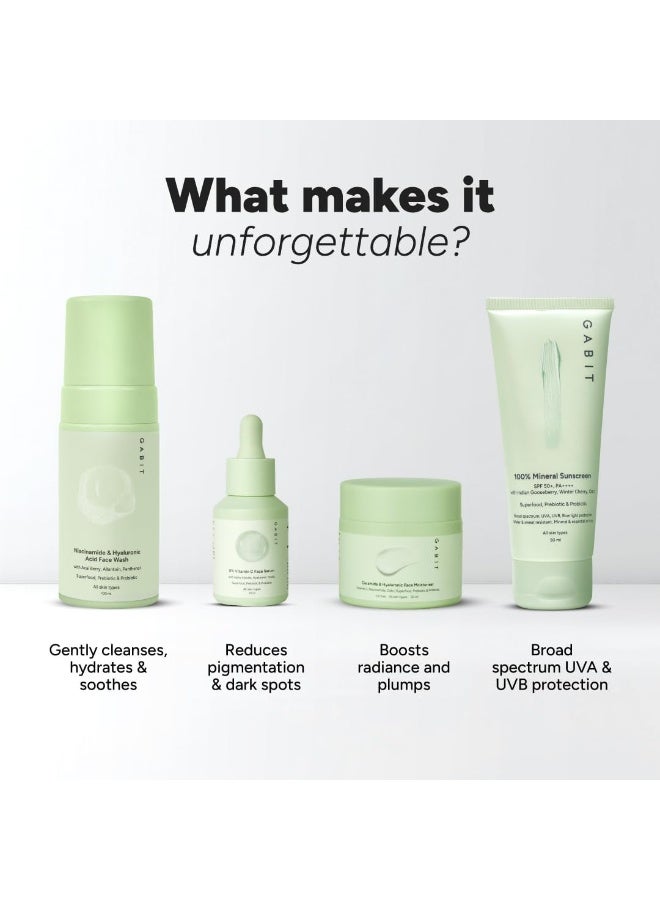 GABIT Skincare Gamechangers Kit | With Niacinamide & Hyaluronic Face Wash, 8% Vitamin C & Arbutin Serum, Ceramide & Hyaluronic Moisturizer, 100% Mineral Sunscreen | Men & Women, All Skin Types, 230ml - Image 2