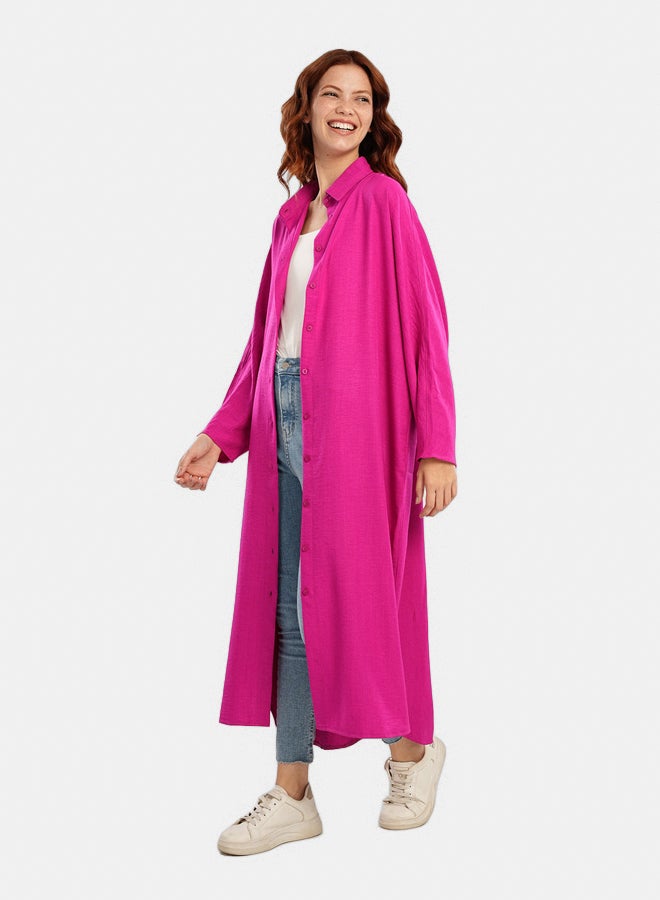 Carina Women's Relaxed-Fit Button-Down Midi Lounge Shirt Dress - Fuchsia Pink - Image 3