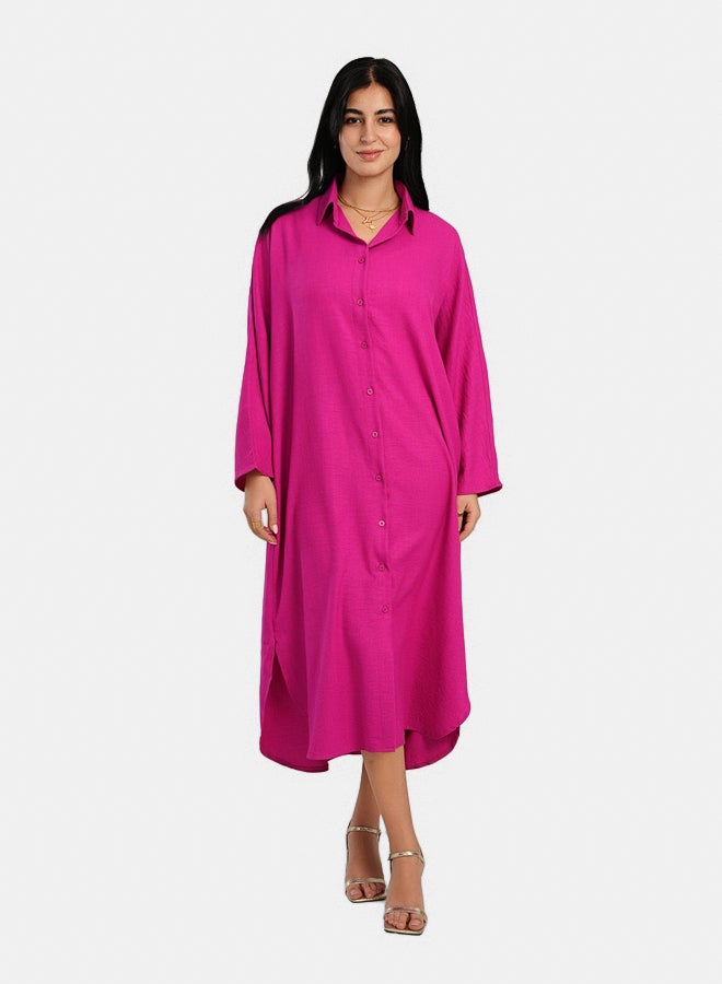 Carina Women's Relaxed-Fit Button-Down Midi Lounge Shirt Dress - Fuchsia Pink - Image 2