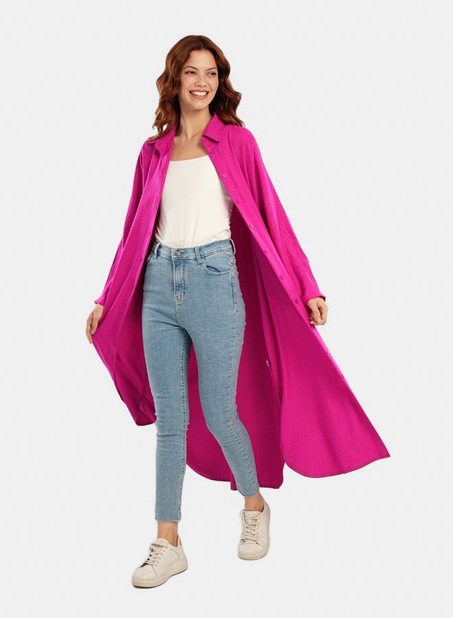 Carina Women's Relaxed-Fit Button-Down Midi Lounge Shirt Dress - Fuchsia Pink - Image 1