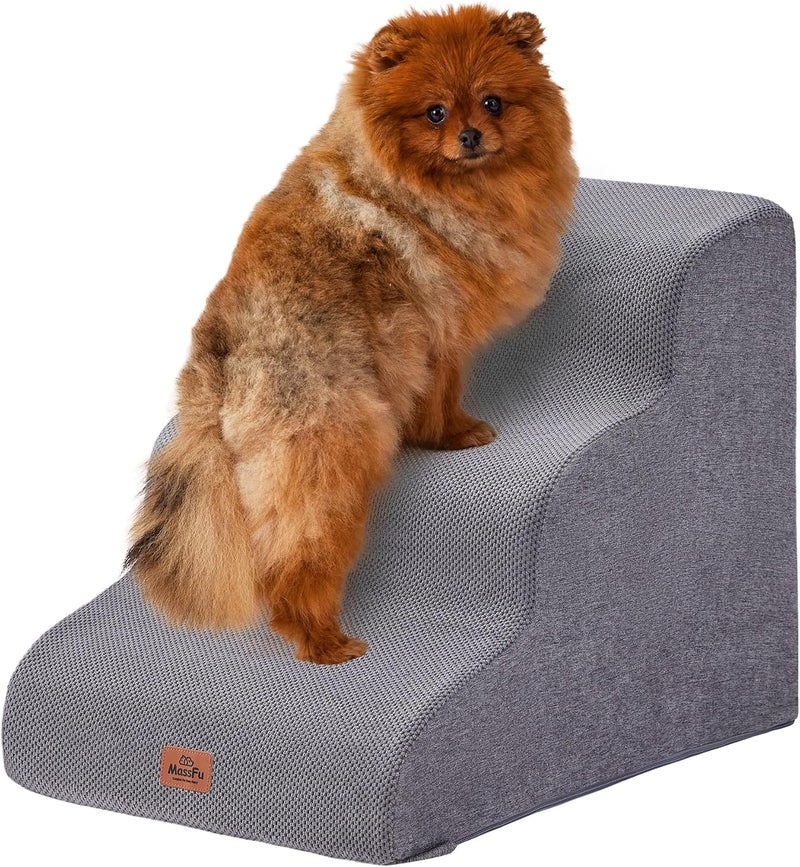 MASSFU Gray Curved Dog Stairs Ramp for Small Dogs & Cats 17.1" H, 3-Step Dog Steps for Couch Sofa and Chair, Pet Stairs for Cats, Non-Slip Balanced Pet Steps - Image 1