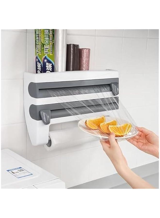 HOOKOR 4 in 1 Wall Mount Paper Towel Holder, Plastic Wrap Dispenser with Slide Cutter and Holder, Cling Film Foil Dispenser, Multifunctional Wall-Mount Sauce Bottle Storage Holder - Image 1