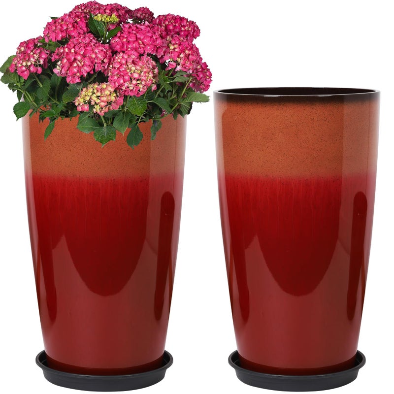 Neoaider Set of 2 Lightweight Ceramic-Look Tall Planter, 21 inch Large Plastic Planter with Drain Hole & Saucers, Large Outdoor Planters for Porch, Garden, Patio, Balcony(Fiery Red) - Image 1