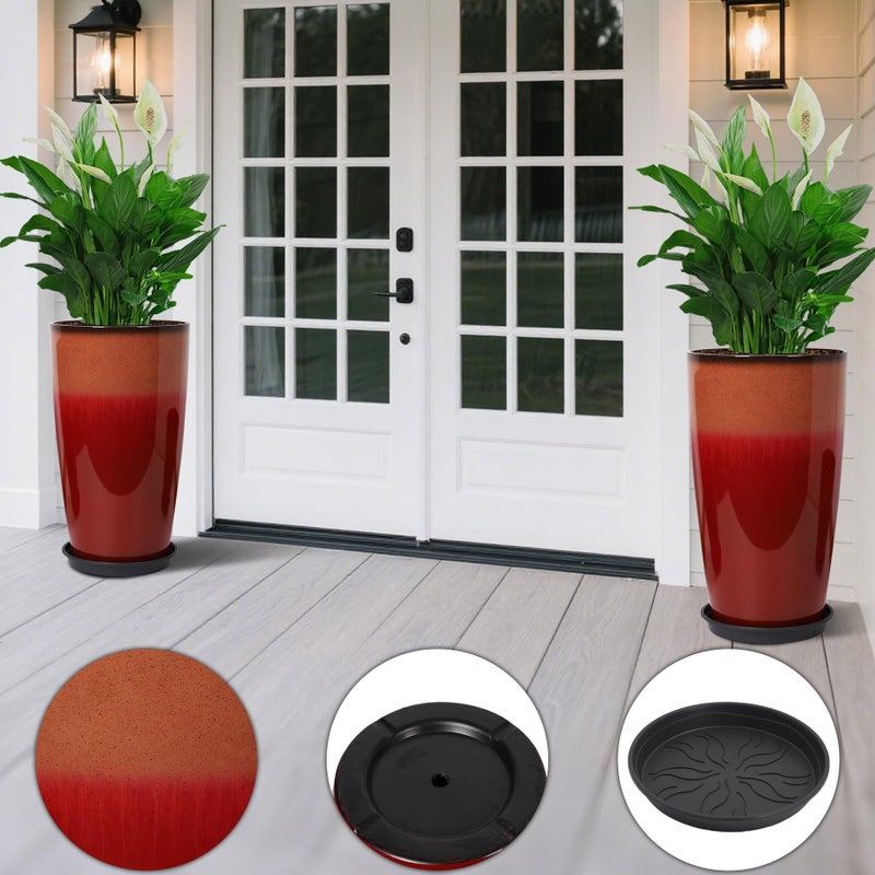 Neoaider Set of 2 Lightweight Ceramic-Look Tall Planter, 21 inch Large Plastic Planter with Drain Hole & Saucers, Large Outdoor Planters for Porch, Garden, Patio, Balcony(Fiery Red) - Image 4