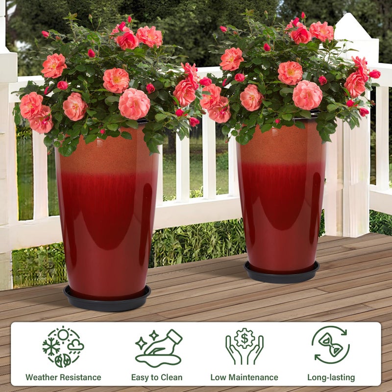 Neoaider Set of 2 Lightweight Ceramic-Look Tall Planter, 21 inch Large Plastic Planter with Drain Hole & Saucers, Large Outdoor Planters for Porch, Garden, Patio, Balcony(Fiery Red) - Image 2