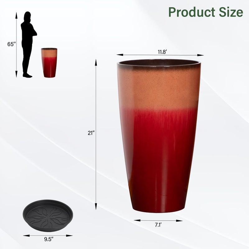 Neoaider Set of 2 Lightweight Ceramic-Look Tall Planter, 21 inch Large Plastic Planter with Drain Hole & Saucers, Large Outdoor Planters for Porch, Garden, Patio, Balcony(Fiery Red) - Image 3