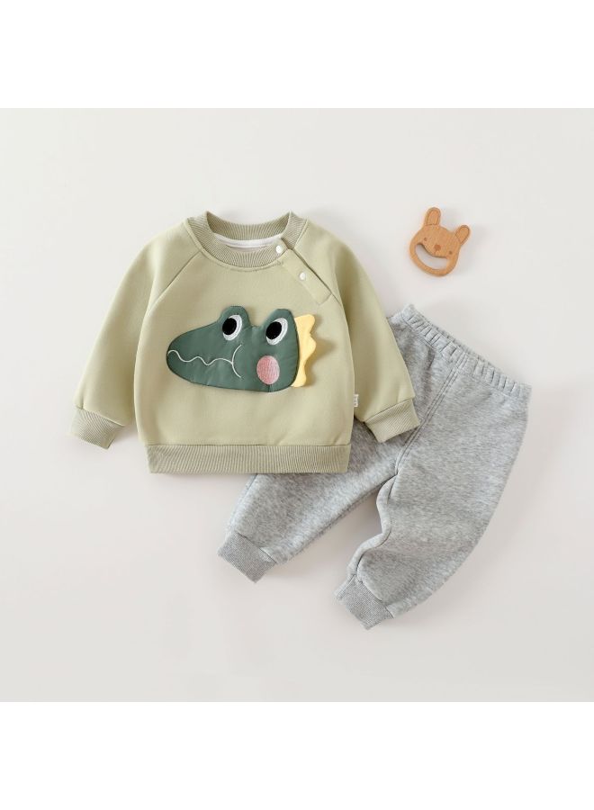 New Style Boys And Girls Baby Base Layer Home Wear A-class over Cartoon Thickened Sweatshirt And Sweatpants Two-piece Children's Clothing With Fleece