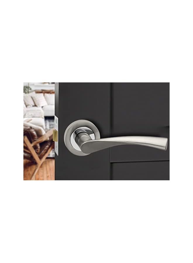 promass Shaped Lever Door Handles on Round Rose in Dual Finish - Pair of Internal Door Handles - Satin / Chrome - Image 2