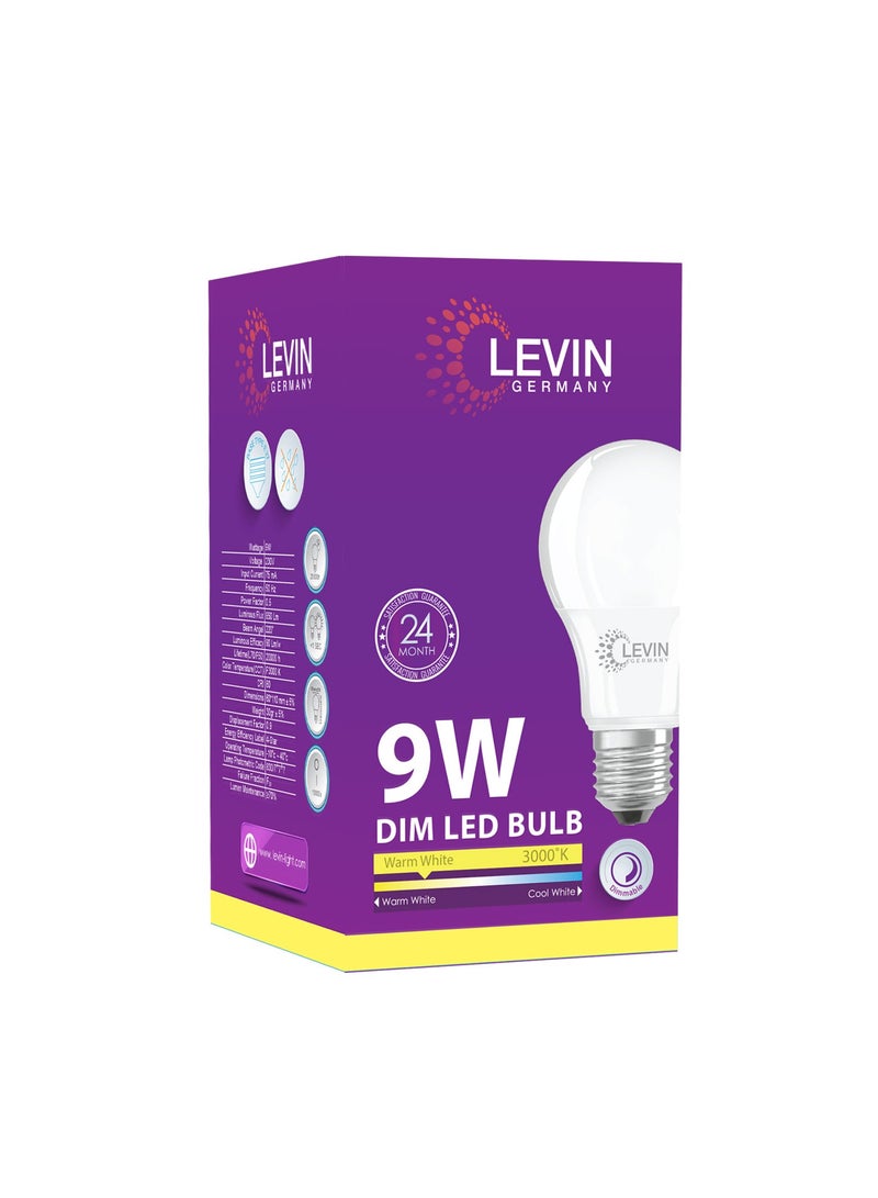 Levin Germany Dimmable A60 E27 LED Bulb, 9W, 850LM, Warm White 3000K, Energy-Saving Light with CRI>80, 220-240Vac, Long-Lasting Performance, 2-Years warranty - Image 1