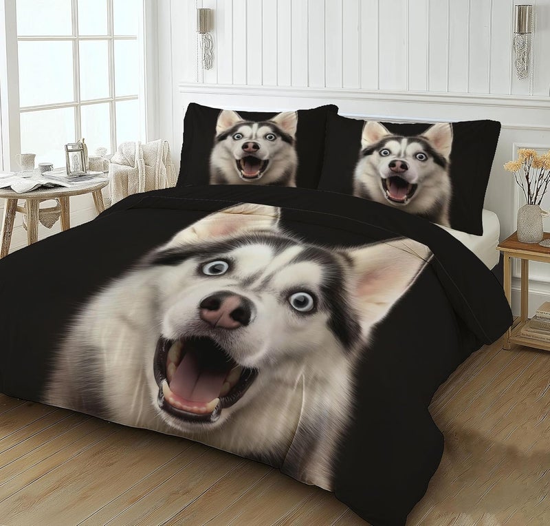 Cute Dog Duvet Cover Set - Queen Washed Reversible Bedding Husky Duvet Cover with Zipper, Bedding Comforter Cover 90 x 90in with Pillowcases for Men Women - Image 1
