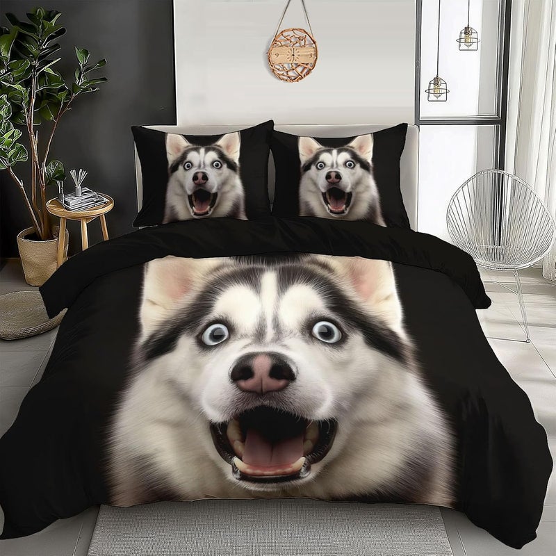 Cute Dog Duvet Cover Set - Queen Washed Reversible Bedding Husky Duvet Cover with Zipper, Bedding Comforter Cover 90 x 90in with Pillowcases for Men Women - Image 2