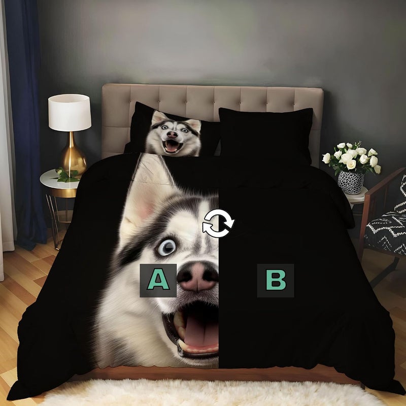 Cute Dog Duvet Cover Set - Queen Washed Reversible Bedding Husky Duvet Cover with Zipper, Bedding Comforter Cover 90 x 90in with Pillowcases for Men Women - Image 5