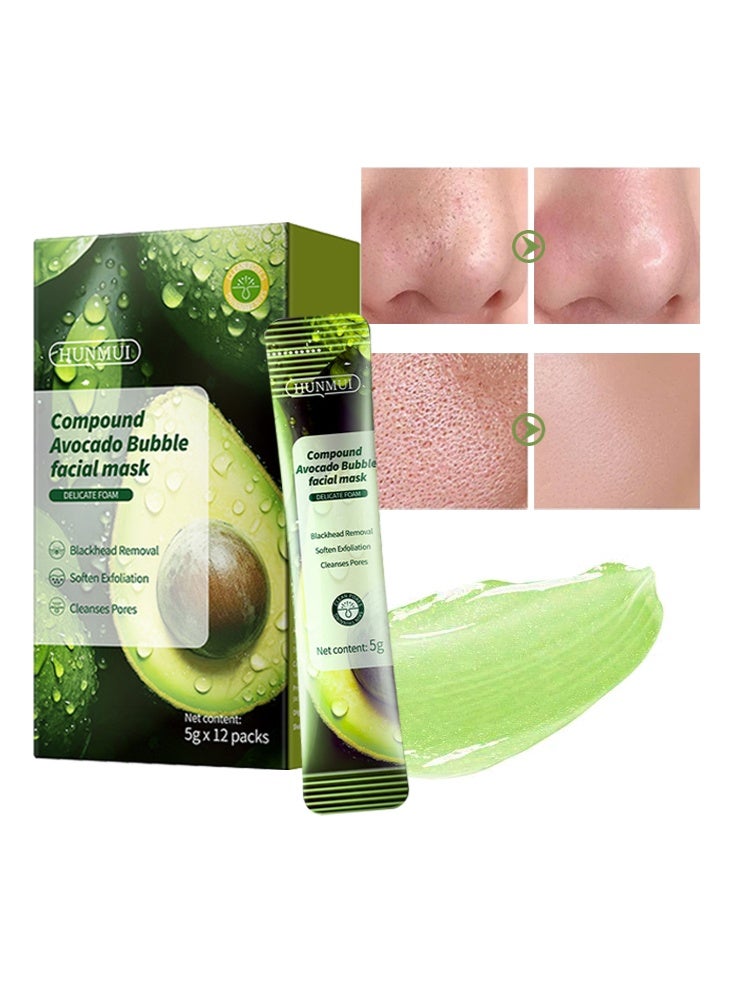 HUNMUI Compound Avocado Bubble Facial Mask- Natural Plant Extract Avocado, Acne Blackhead Removal And Pore Shrinking Deep Cleansing (5g*12pcs） - Image 1