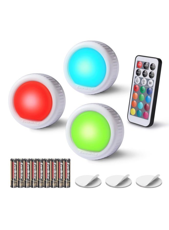EverBrite Tap Light, Push Light, LED Puck Lights with 12 RGB Colours, Wireless Touch Light Under Cabinet, 80 Lumens Night Light for Cabinet Bedroom Wall Classroom 9 AAA Batteries Included, 3 Pack - Image 1