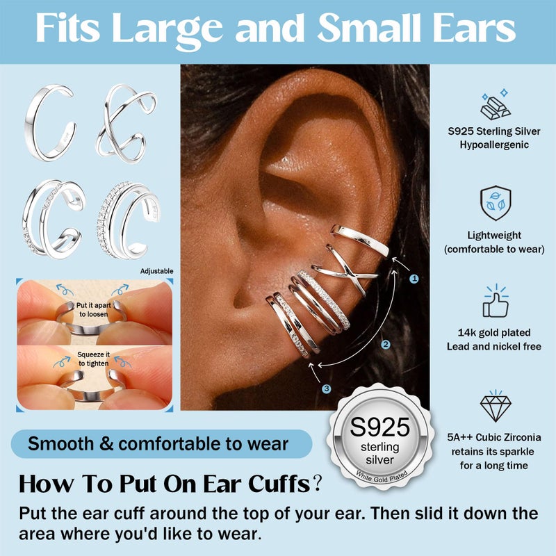 JeryWe 4 Pcs 925 Sterling Silver Ear Cuff for Women Non Piercing Adjustable Ear Cuff Earrings Clip On Cartilage Helix Wrap Ear Jewelry Set Sliver - Image 2