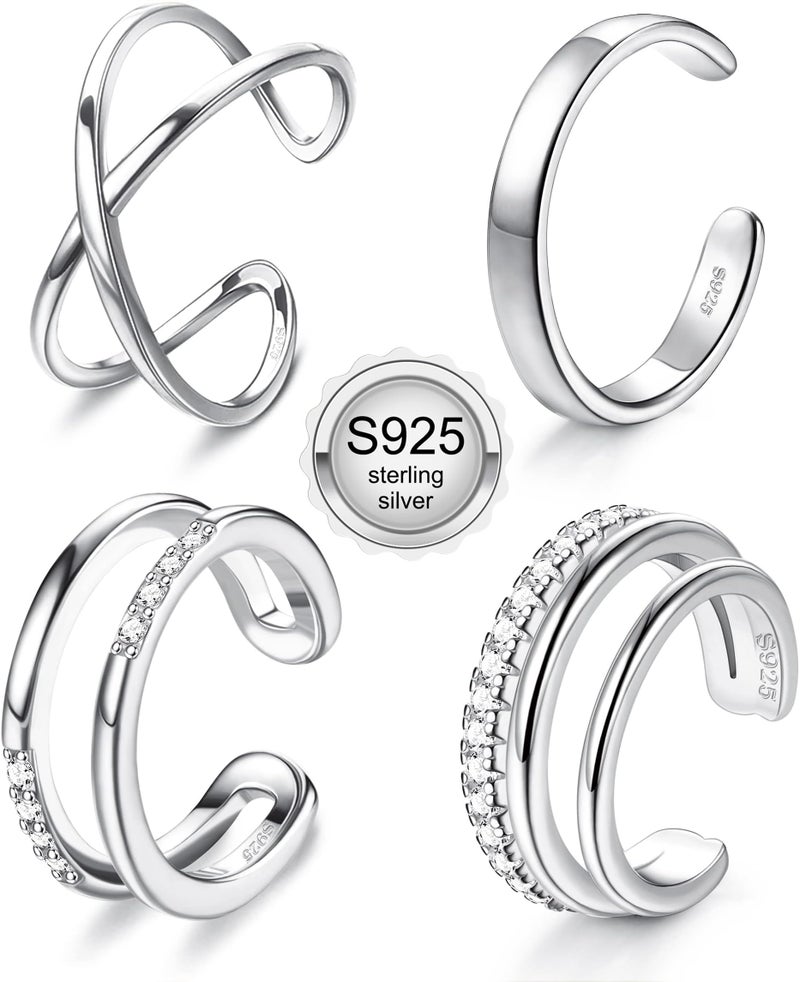 JeryWe 4 Pcs 925 Sterling Silver Ear Cuff for Women Non Piercing Adjustable Ear Cuff Earrings Clip On Cartilage Helix Wrap Ear Jewelry Set Sliver - Image 1