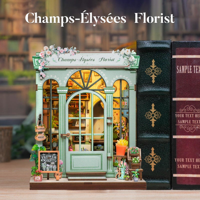 Fsolis Book Nook Kit, 3D Wooden Puzzles Booknook DIY Bookshelf Miniature Kit for Adults Tiny House Diorama Bookish Gifts for Women Readers Book Lovers (Champs-Ã‰lysÃ©es Florist) - Image 3
