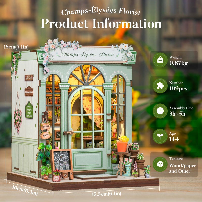 Fsolis Book Nook Kit, 3D Wooden Puzzles Booknook DIY Bookshelf Miniature Kit for Adults Tiny House Diorama Bookish Gifts for Women Readers Book Lovers (Champs-Ã‰lysÃ©es Florist) - Image 2