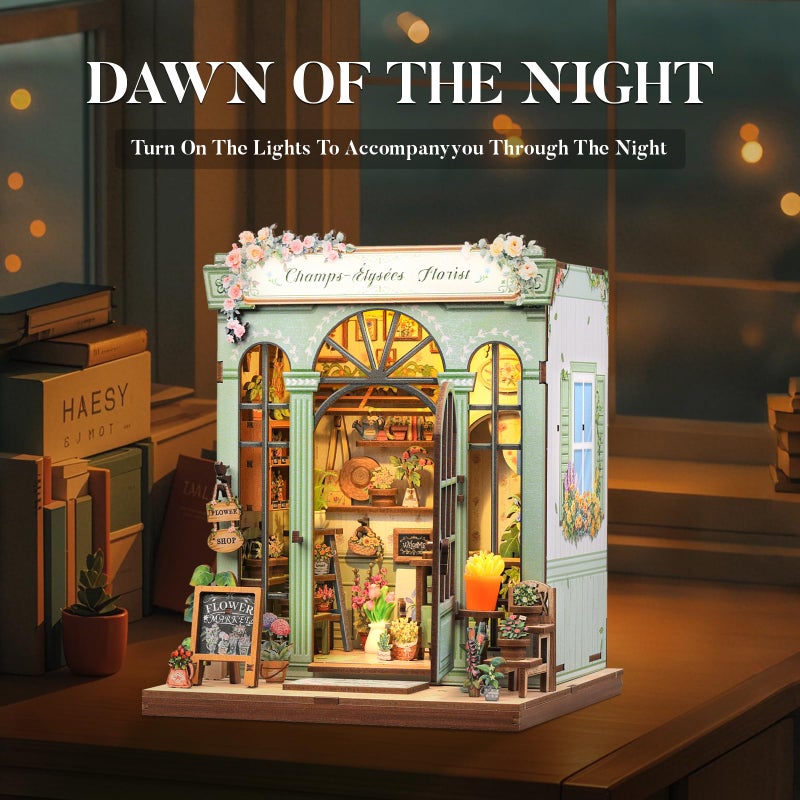Fsolis Book Nook Kit, 3D Wooden Puzzles Booknook DIY Bookshelf Miniature Kit for Adults Tiny House Diorama Bookish Gifts for Women Readers Book Lovers (Champs-Ã‰lysÃ©es Florist) - Image 4