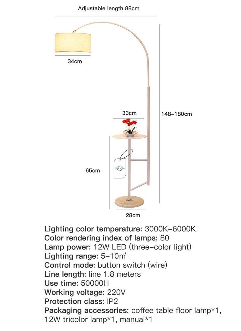 Glanfen - Nordic Three-color Dimming LED Floor Lamp With Table Modern Iron Coffee Table Standing Lamp With Tray For Living Room Bedroom Sofa Side Bedside Standing Light White 28x88x180 centimeter - Image 1