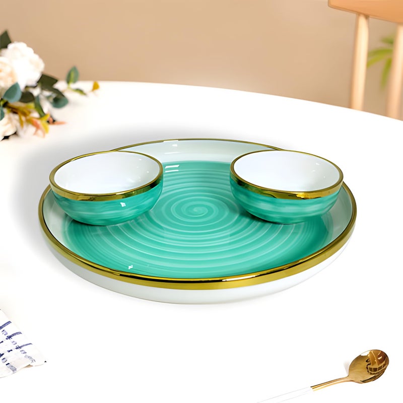 Lemon Tree Ceramic Round Serving Plate with 2 Bowls, Serving Platter & Bowls Set for Dining (Light Green) - Image 1