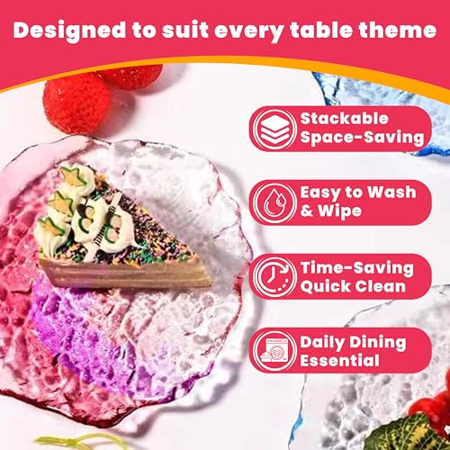 Coolcapis 6 pcs Textured Pink Glass Plates Wavy Edge Decorative Clear Modern Hammered Ice Appetizer Plates Set Glass Serving Tray Dinner Appetizer Artistic Dinnerware Frosted Elegant Pink Small - Image 3