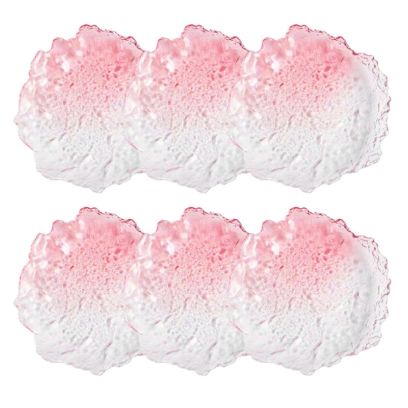 Coolcapis 6 pcs Textured Pink Glass Plates Wavy Edge Decorative Clear Modern Hammered Ice Appetizer Plates Set Glass Serving Tray Dinner Appetizer Artistic Dinnerware Frosted Elegant Pink Small - Image 2