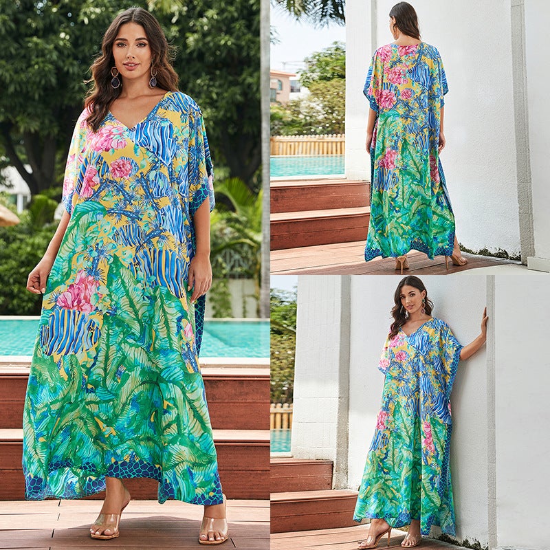 Generic Cross-border European and American rayon tie-dyed beach jumpsuit long dress loose robe bikini swimsuit outer blouse sun protection shirt ZS2277-4 positioning random flowers