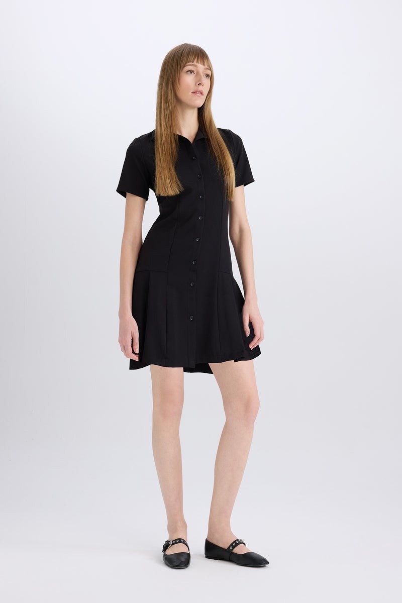 DeFacto Woman Polo Neck Basic Short Sleeve Pleated Mini Dress - Image 4