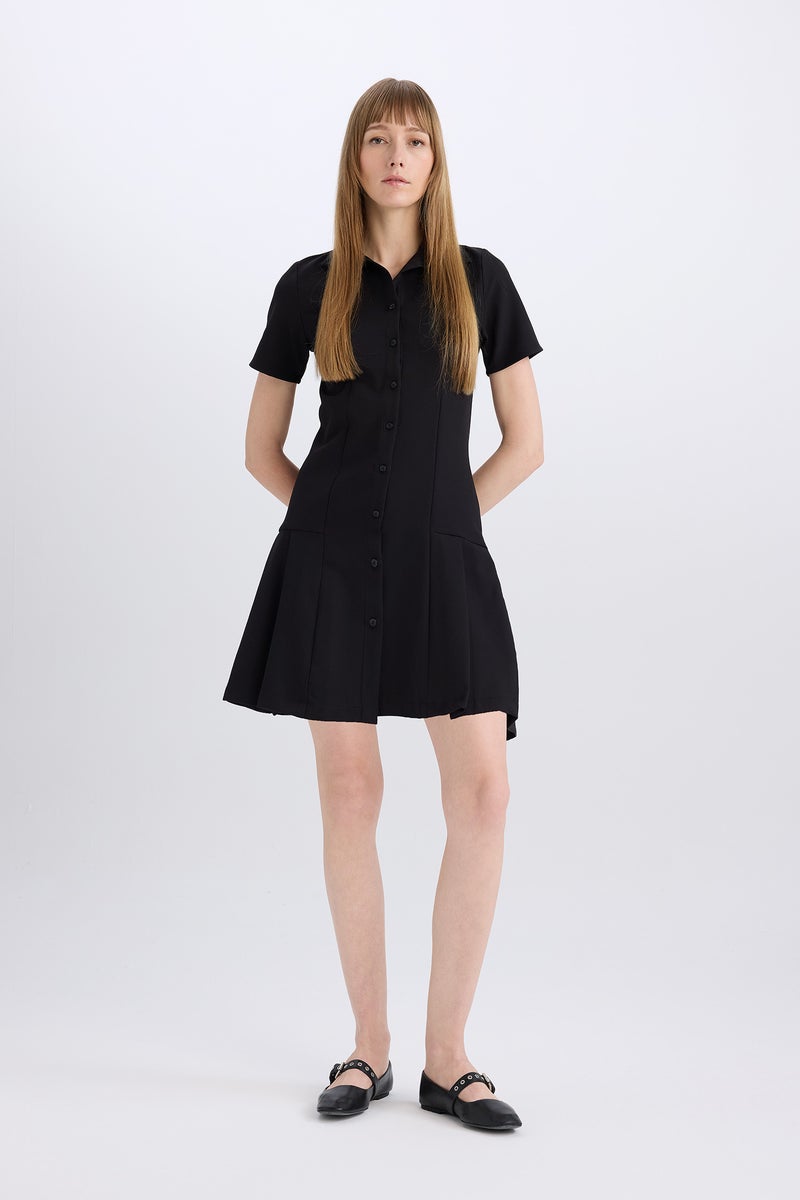 DeFacto Woman Polo Neck Basic Short Sleeve Pleated Mini Dress - Image 1