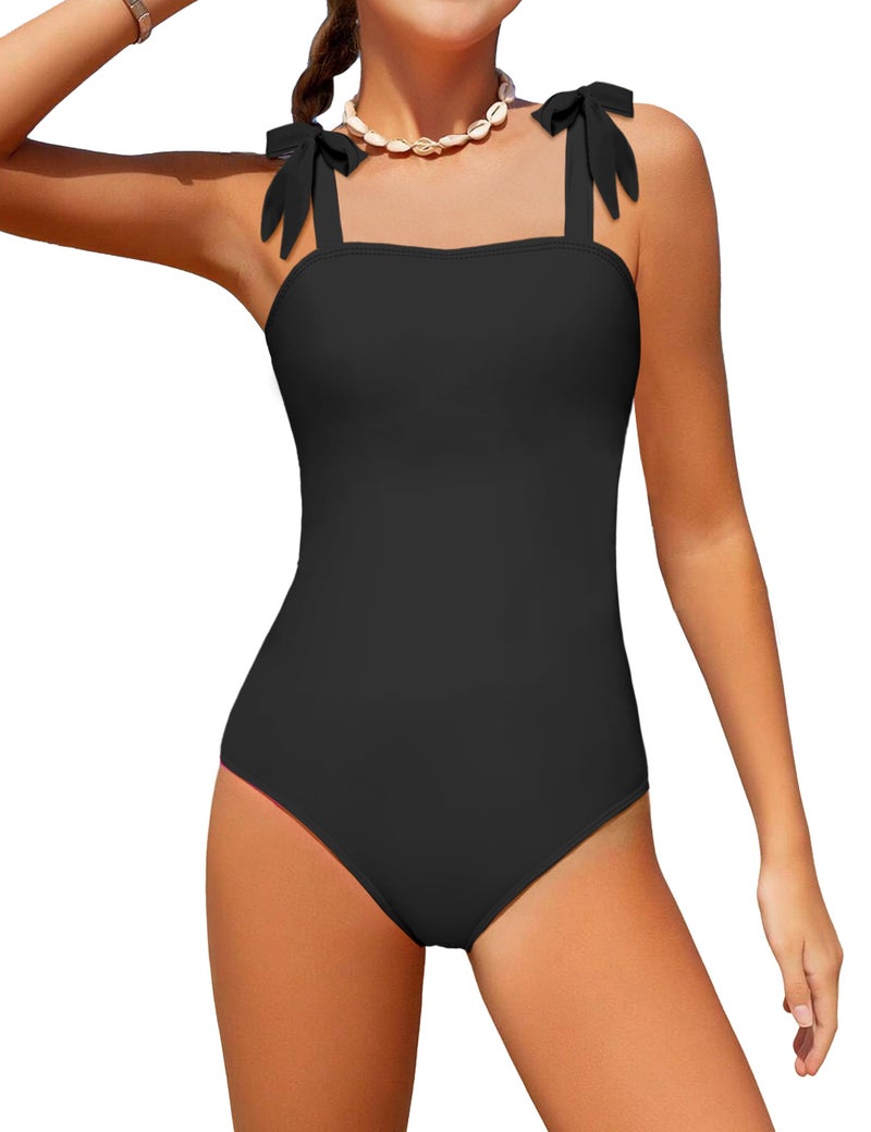 Dearnow Girls Swimsuits Size 10-12 One Piece Black Solid Color Adjustable Straps Girls Bathing Suit Swimwear - Image 1