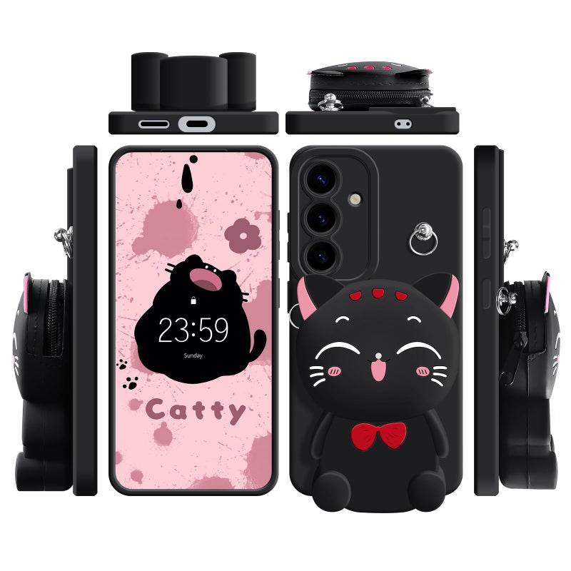 SGVAHY for Samsung Galaxy A15 5G Case, Cute Black Lucky Cat Coin Purse Fancy Phone Case for Women Girls with Crossbody Strap Kawaii Soft Silicone Cover for Galaxy A15 4G/5G - Image 3