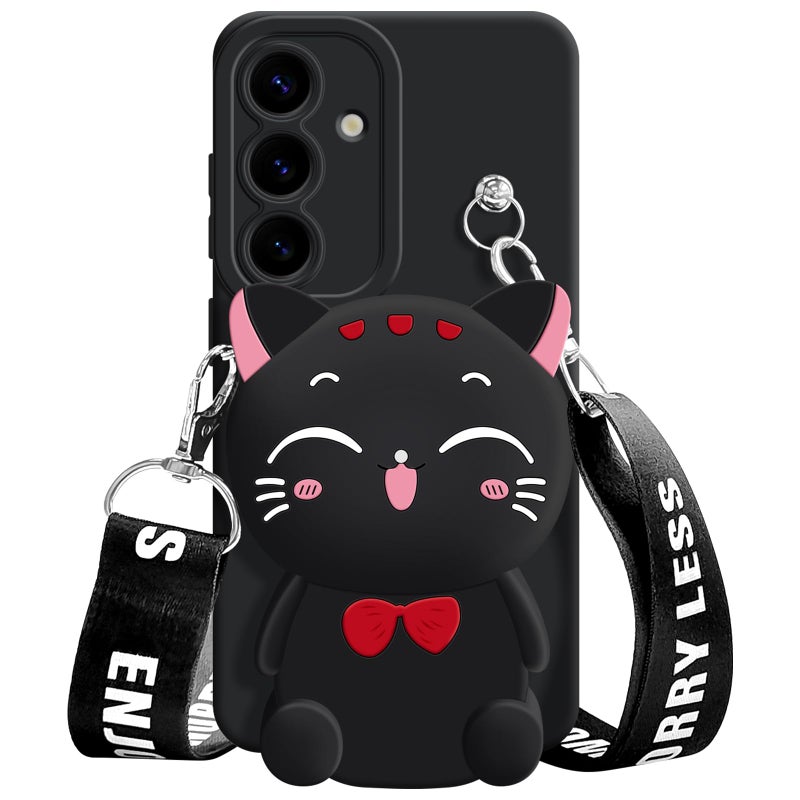 SGVAHY for Samsung Galaxy A15 5G Case, Cute Black Lucky Cat Coin Purse Fancy Phone Case for Women Girls with Crossbody Strap Kawaii Soft Silicone Cover for Galaxy A15 4G/5G - Image 1