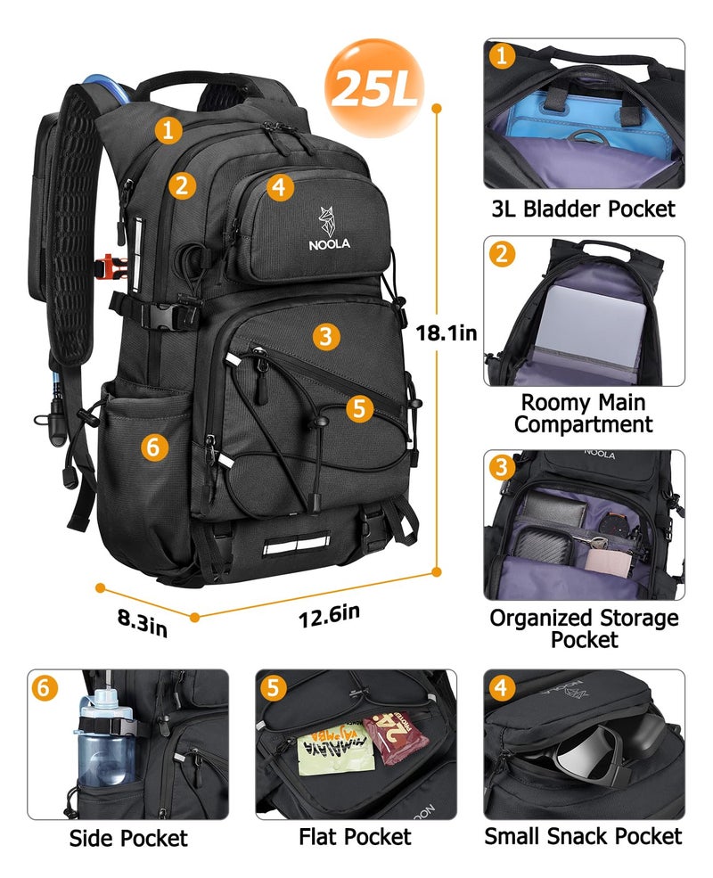 NOOLA Hydration Backpack with 3L Water Bladder - 25L Water Backpack for Hiking, Cycling, Running, Biking - Lightweight Hiking Pack Bag with Rain Cover, Phone Holder and Trekking Pole Holders, Black - Image 3