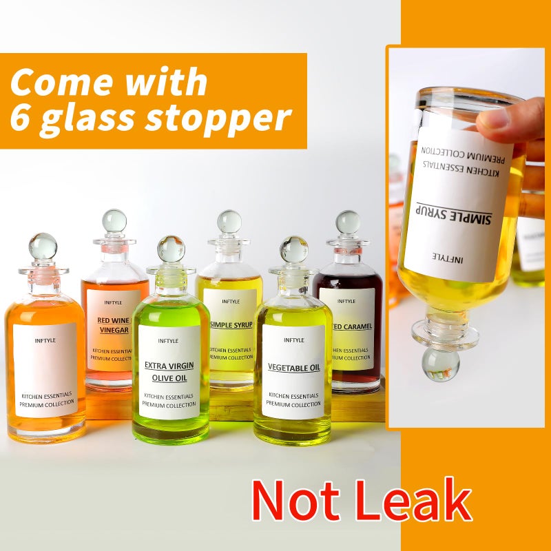 INFTYLE Olive Oil Dispenser Bottle Glass Coffee Syrup Bottles Set of 6 Cooking Oil bottles for kitchen, with Pourer Spout, Sealing Stopper, Labels, Funnel, Cleaning Brush (12 oz) - Image 3