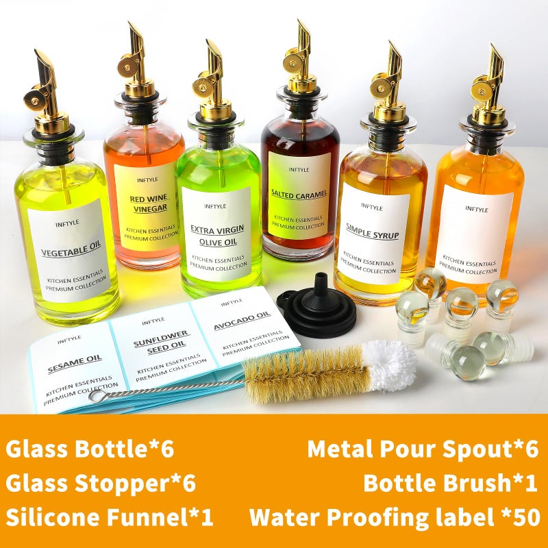 INFTYLE Olive Oil Dispenser Bottle Glass Coffee Syrup Bottles Set of 6 Cooking Oil bottles for kitchen, with Pourer Spout, Sealing Stopper, Labels, Funnel, Cleaning Brush (12 oz) - Image 5