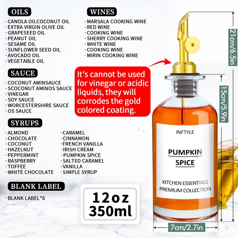 INFTYLE Olive Oil Dispenser Bottle Glass Coffee Syrup Bottles Set of 6 Cooking Oil bottles for kitchen, with Pourer Spout, Sealing Stopper, Labels, Funnel, Cleaning Brush (12 oz) - Image 4