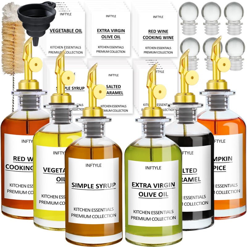 INFTYLE Olive Oil Dispenser Bottle Glass Coffee Syrup Bottles Set of 6 Cooking Oil bottles for kitchen, with Pourer Spout, Sealing Stopper, Labels, Funnel, Cleaning Brush (12 oz) - Image 1