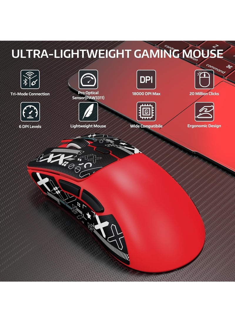 Attack Shark ATTACK SHARK R1 Wireless Gaming Mouse – Tri-Mode (2.4G/BT5.2/Wired), 55g Ultra-Light – 18K DPI PAW3311 Sensor – HUYU 20M Clicks – Ergonomic – Red + Grip Tape  - Image 2